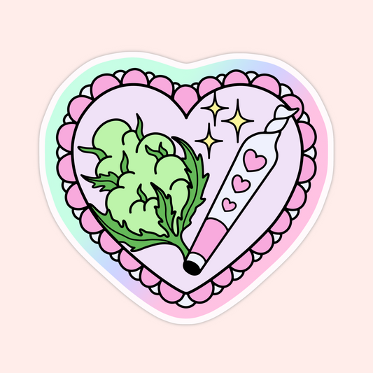 A heart-shaped pastel sticker featuring green leafy weed and a pink lighter with heart details and sparkles. Playfully cute and perfect for cannabis lovers with a girly side.