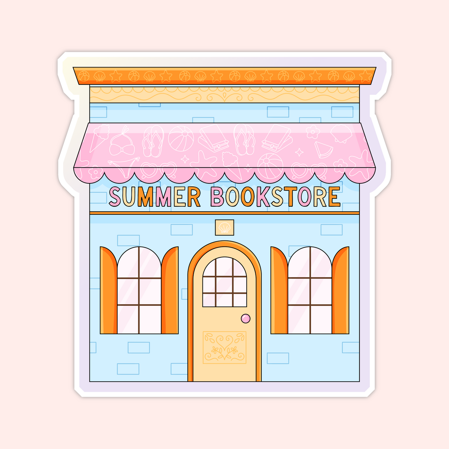 Colourful summer bookstore sticker featuring a blue shopfront with orange shutters, a pink awning, and beachy shell details.