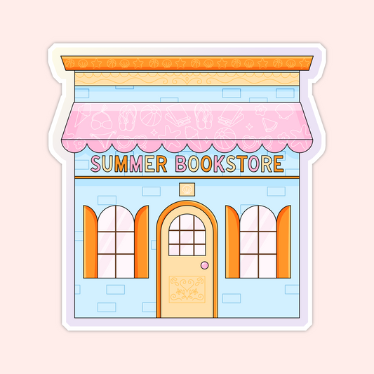 Colourful summer bookstore sticker featuring a blue shopfront with orange shutters, a pink awning, and beachy shell details.