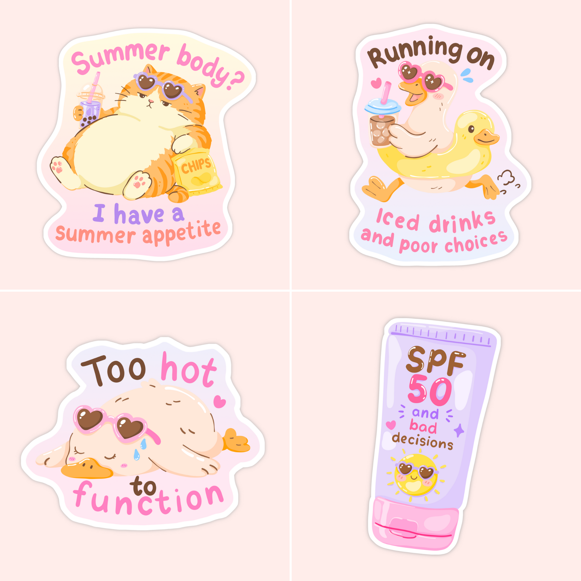 Funny summer vinyl sticker collection featuring a cat with snacks, a duck with an iced drink, a tired duck, and an SPF 50 sunscreen design.