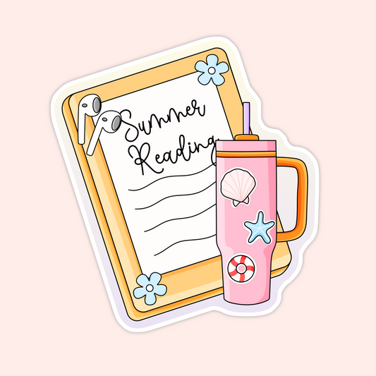 Cute summer reading sticker featuring a book page, earbuds, and a pink tumbler with beachy shell and starfish details.