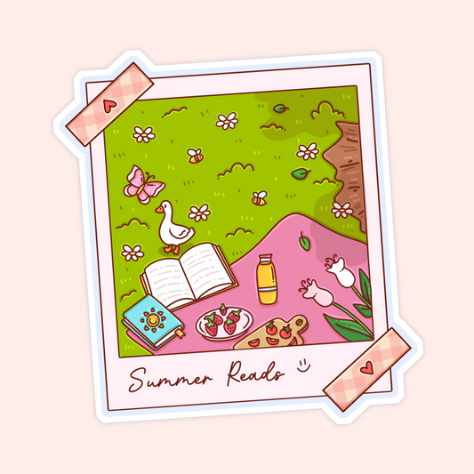Cute summer reads sticker with a picnic blanket, open books, flowers, strawberries, tulips, goose, bees, and sunny garden details.