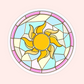 Cute stained glass style sun sticker with pastel blue, yellow, pink, and cream window details.