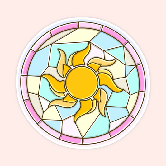 Cute stained glass style sun sticker with pastel blue, yellow, pink, and cream window details.
