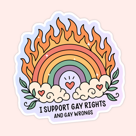 Colorful rainbow with flames above and clouds below, decorated with hearts and leaves. Text reads “I support gay rights and gay wrongs.”
