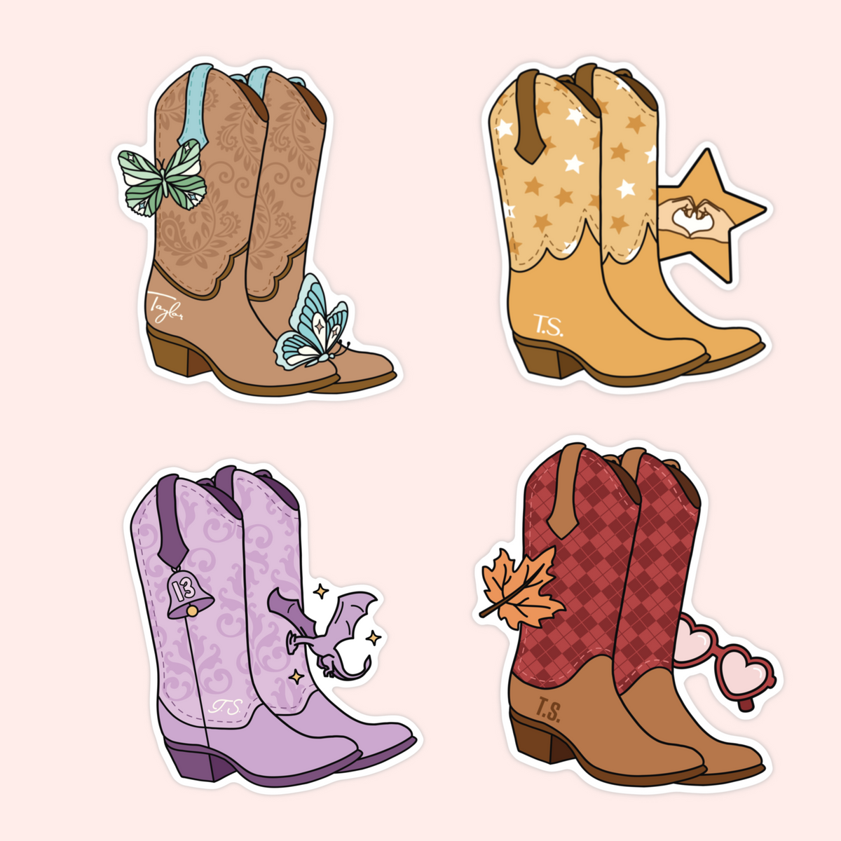 Four cartoon cowboy boot illustrations arranged in a 2x2 grid on a pale pink background. Each boot has western styling and decorative accents: one tan boot with a blue bow and butterfly, one tan boot with stars and a star-shaped ornament, one lavender boot with a bell and ribbon, and one brown boot with a red argyle pattern, autumn leaf, and heart-shaped sunglasses.
