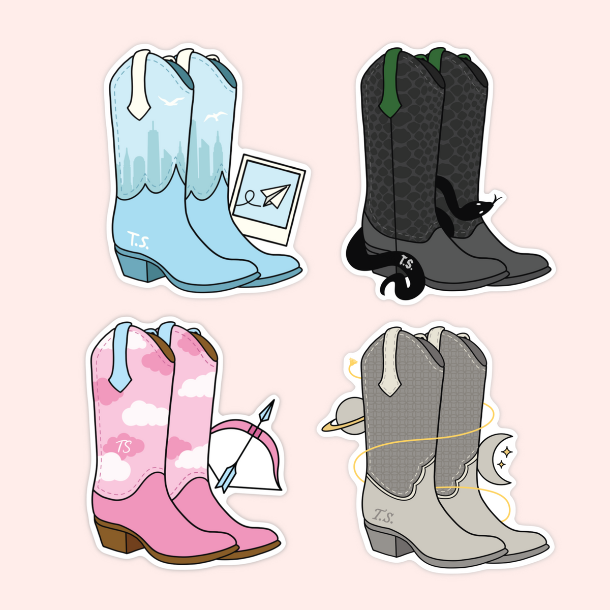Four cartoon-style cowboy boot illustrations arranged in a 2x2 grid on a pale pink background. The boots have different colorways and decorative motifs: light blue with a city skyline and star, dark gray with a green heel detail and a small black cat, pink with clouds, a bow, and an arrow, and light gray with a crescent moon and star.
