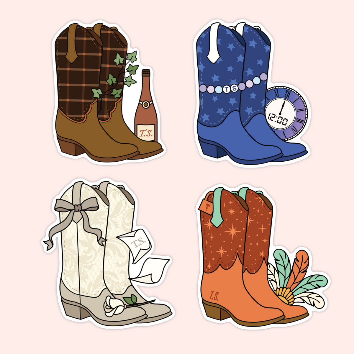 Four die-cut sticker designs featuring illustrated cowboy boots and western-themed accessories on a pale pink background. The designs include brown plaid boots with green ivy, blue star-pattern boots with a clock, cream floral boots with a bow and rose, and orange boots with feathers and sparkles.