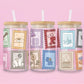 16oz Taylor Swift inspired glass tumbler with colourful illustrated postage stamps representing different eras