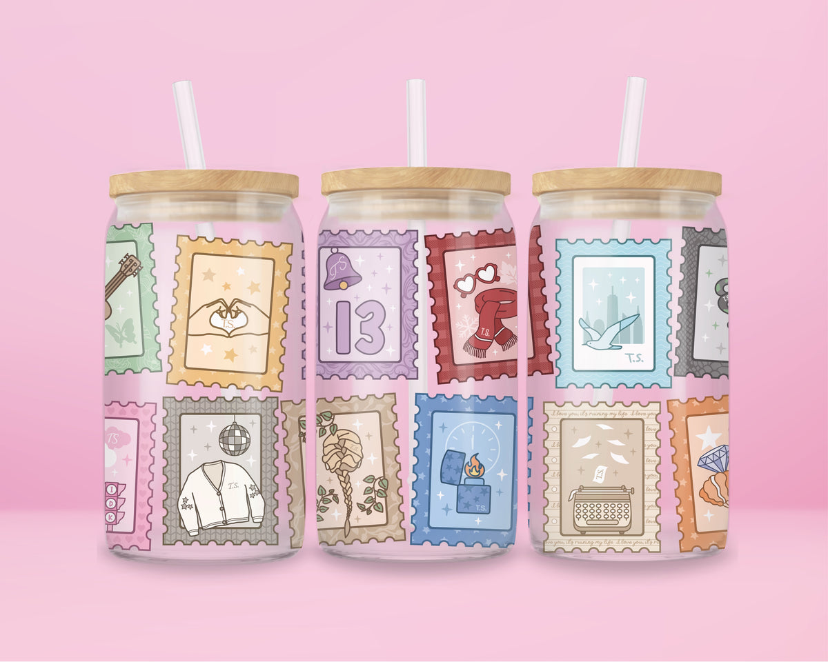 16oz Taylor Swift inspired glass tumbler with colourful illustrated postage stamps representing different eras