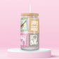 16oz Taylor Swift inspired glass tumbler with colourful illustrated postage stamps representing different eras