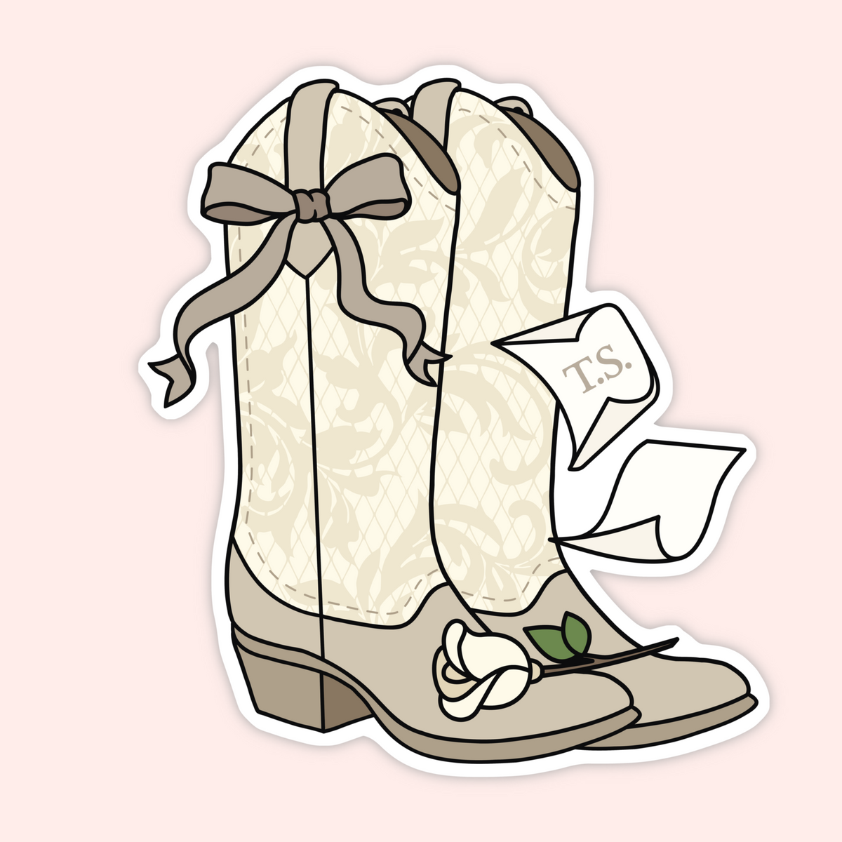 A die-cut sticker featuring an illustration of a pair of cream western cowboy boots with a beige ribbon bow, a white rose with green leaves on the front boot, and a speech bubble reading 'T.S.