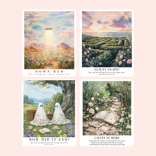 Clear laminate TTPD era song stickers featuring dreamy illustrated designs for Down Bad, Guilty As Sin?, How Did It End?, I Hate It Here, LOML, and Who’s Afraid Of Little Old Me?