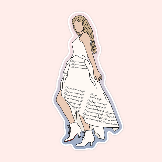 Sticker of Taylor Swift wearing the white Tortured Poets Department eras dress with lyrics written across the skirt.
