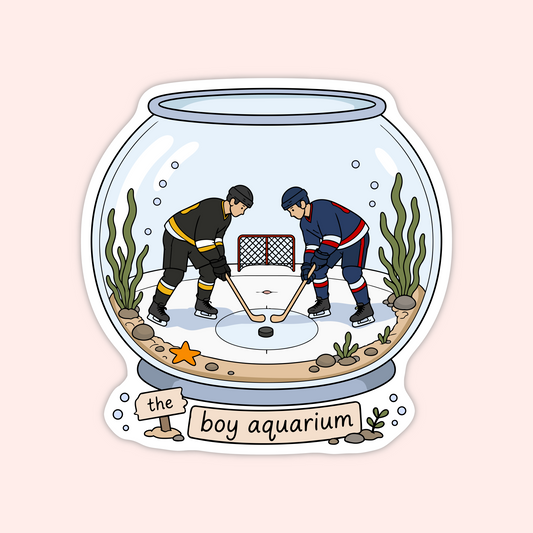 Hockey romance sticker showing two hockey players inside a fishbowl-style aquarium with the phrase “the boy aquarium.”