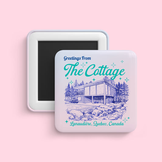 The Cottage magnet inspired by Heated Rivalry with vintage cabin illustration
