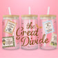 16oz glass tumbler with The Great Divide lettering and illustrated postage stamp style details