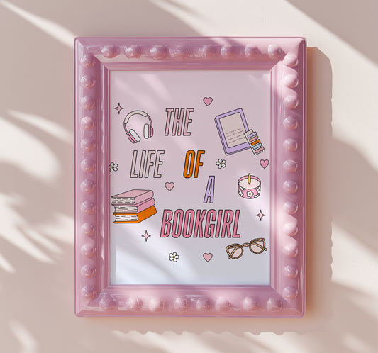 Cute doodle-style illustration with books, headphones, glasses, a candle, and the text “The Life of a Bookgirl.”