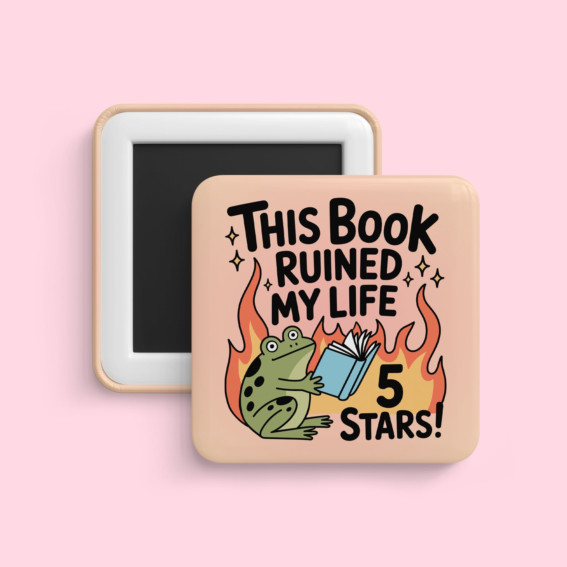 This book ruined my life magnet with frog reading and flames illustration