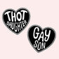 bold statement heart vinyl stickers with queer and feminist phrases