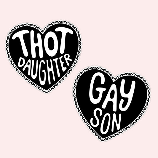bold statement heart vinyl stickers with queer and feminist phrases