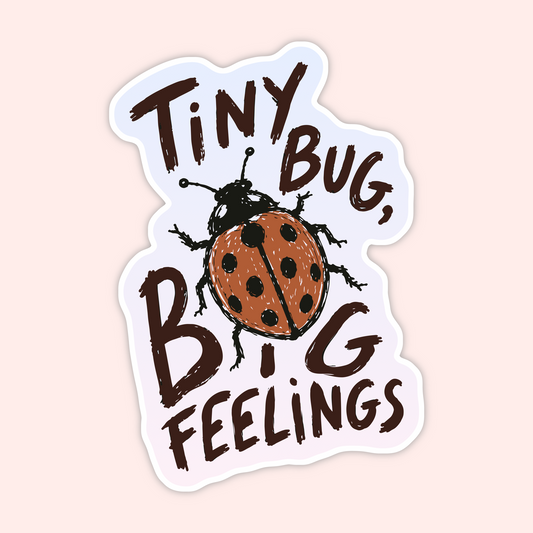 Hand-drawn ladybug sticker with the phrase “tiny bug, big feelings” in bold brown lettering.