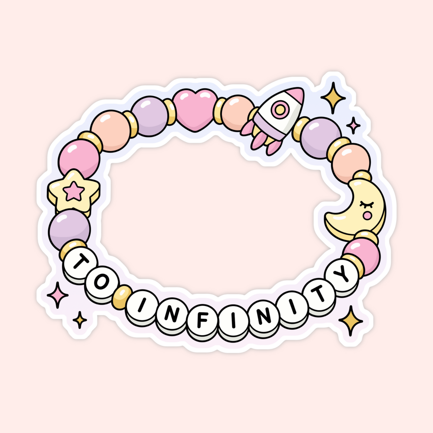 Cute friendship bracelet sticker with pastel beads, stars, moon, heart, rocket, and To Infinity letter beads.