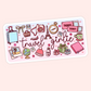Cute travel girlie sticker with suitcase, camera, Eiffel Tower, tickets, globe, gifts, airplane, passport-style details, and pink accents.