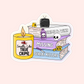 Sticker with books labeled “Crime & Wine,” “Missing,” and “Serial Killers” with a yellow candle that says “Smells Like True Crime,” plus skulls, knife, tape, and a TV.