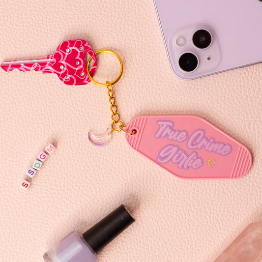 'True Crime Girlie Keychain with Crescent Moon Charm