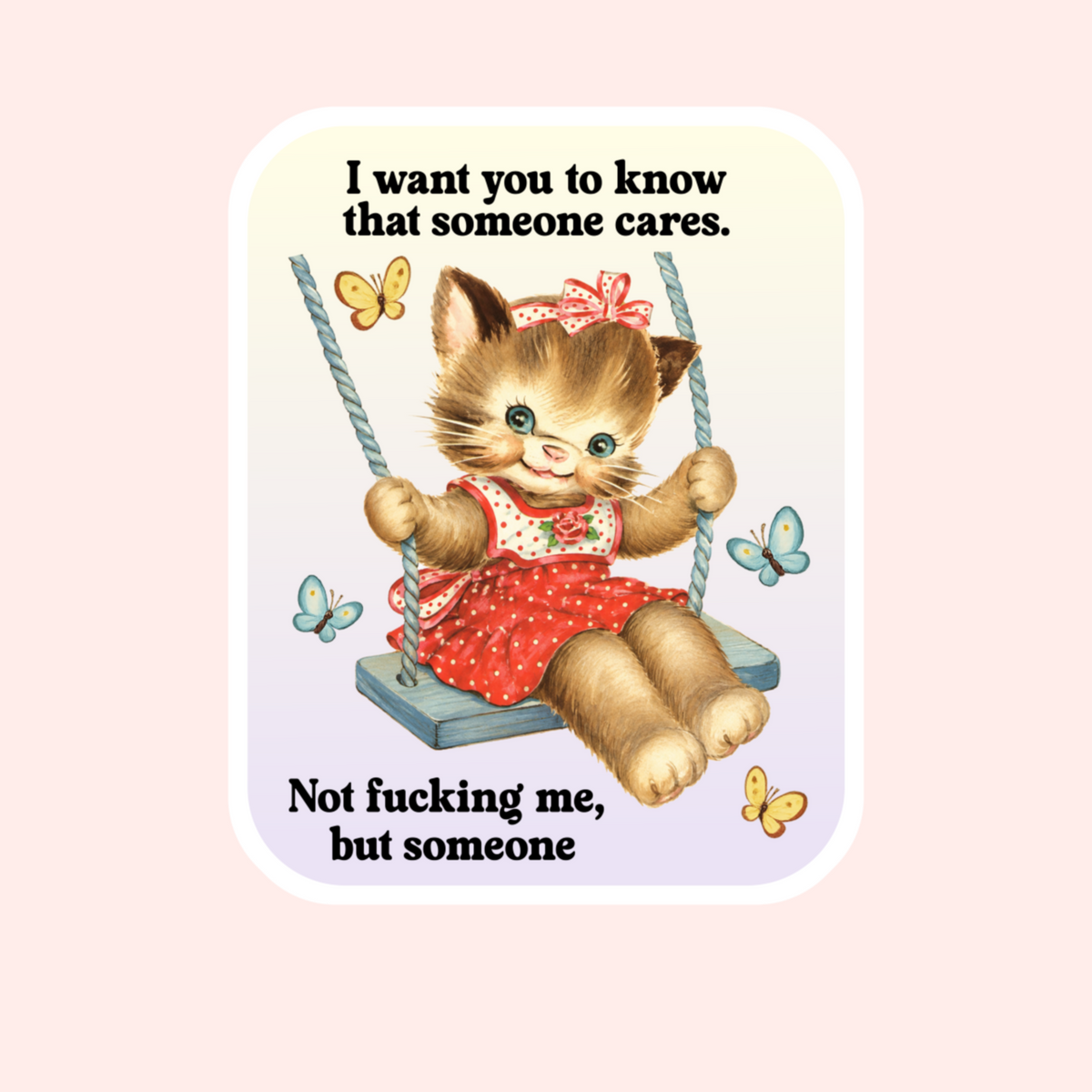A square graphic with rounded corners featuring an illustrated brown kitten sitting on a swing, wearing a red polka-dot dress and bow, with butterflies and text on a pale pink background.