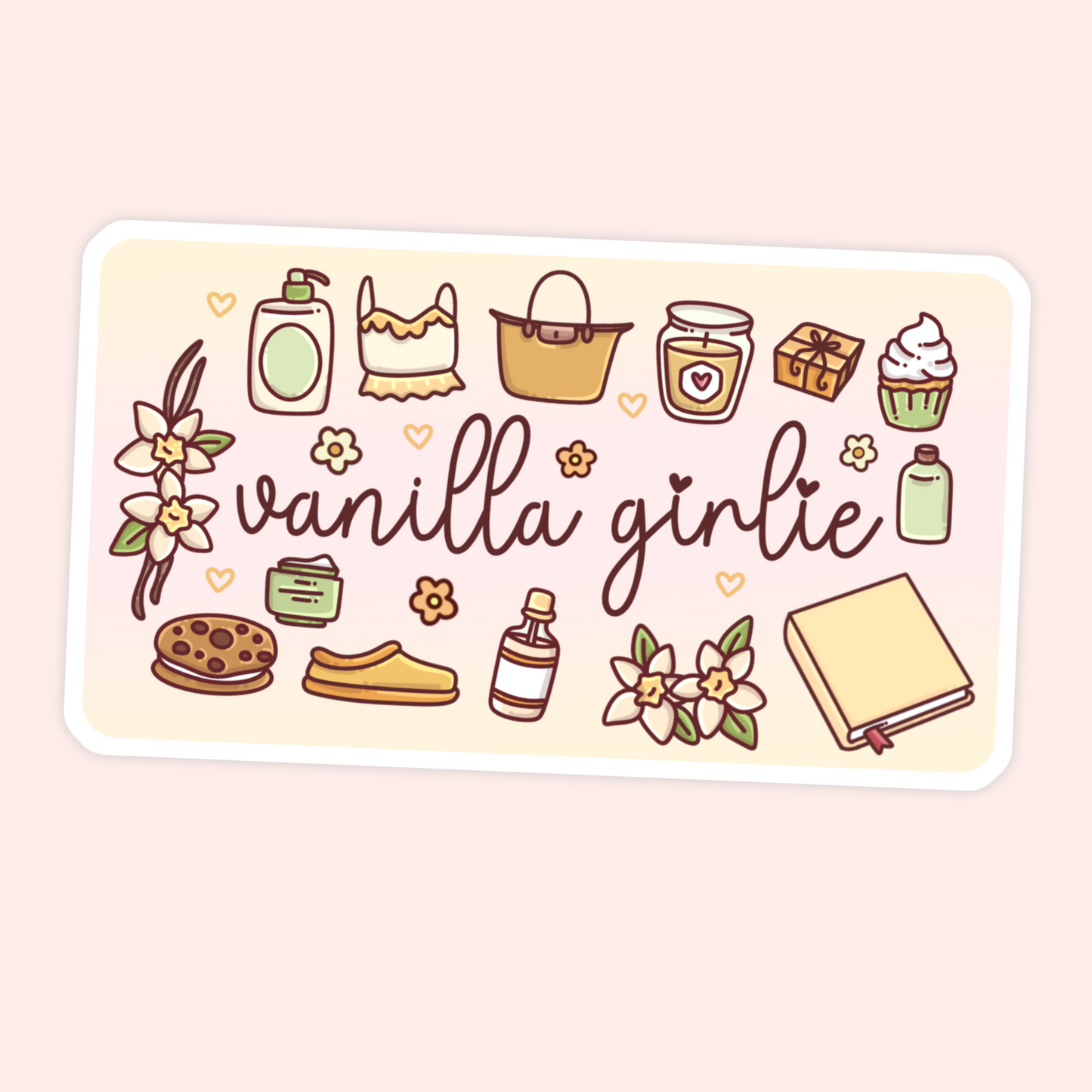 Cute vanilla girlie sticker with vanilla flowers, cookies, slippers, candle, cupcake, bag, book, and soft cream details.
