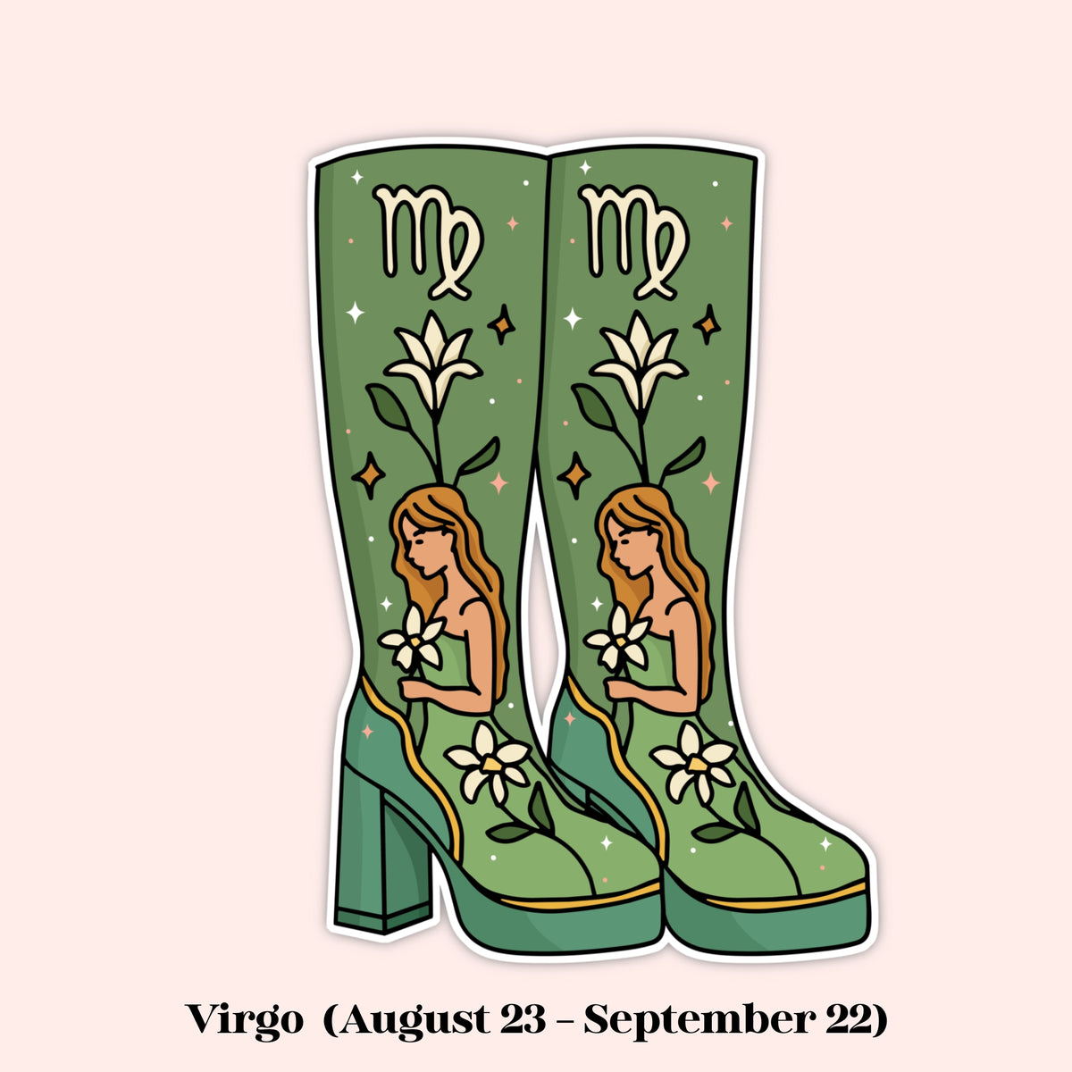 A stylized illustrated pair of tall green boots with Virgo zodiac artwork, including the Virgo symbol, white flowers, leaves, and a seated figure with long light brown hair. The boots are centered on a pale pink background, with the text 'Virgo (August 23 - September 22)' below.
