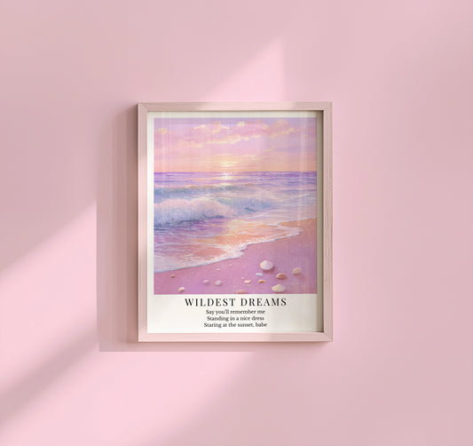 Taylor Swift Wildest Dreams inspired art print featuring a pink sunset over the ocean with soft waves and shells
