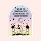 Feminist witch sticker with women dancing around fire and moon that says “We are the granddaughters of the witches they could not burn.”