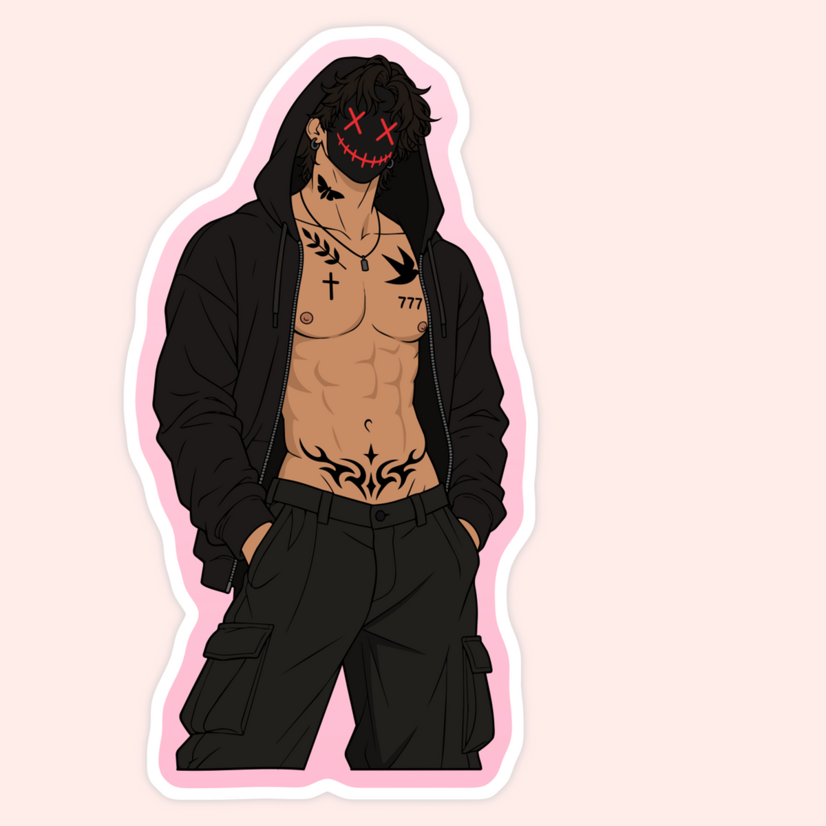 A die-cut sticker featuring an anime-style illustration of a muscular man with black hair, a black hoodie, and black tattoos, including a creepy stitched smiley face mask with red X eyes. The sticker has a white border and is set against a pale pink background.