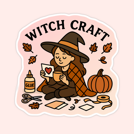 Sticker of a girl dressed as a witch making crafts with scissors, glue, ribbon, and a pumpkin.