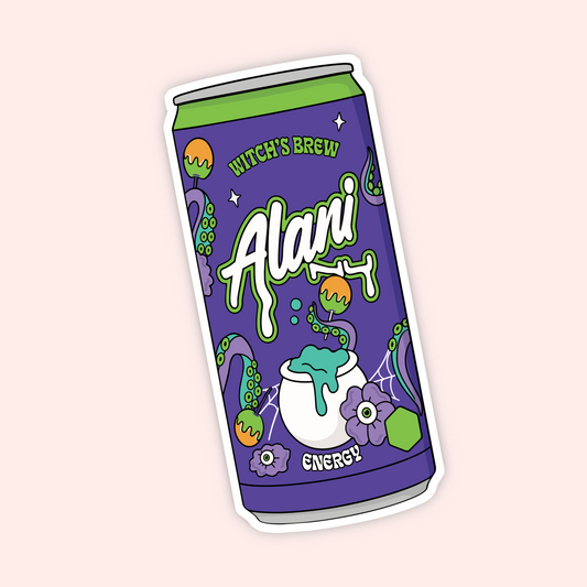 A die-cut sticker of a purple energy can with a green top and white outline, featuring the text 'Witch's Brew Alani Energy' and a spooky green slime cup illustration, shown on a pale pink background.
