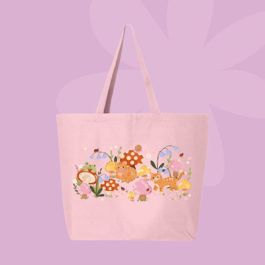 Large pink canvas tote bag featuring an orange cat, mushrooms, bluebell flowers, ladybugs, leafy stems, and woodland cottagecore illustrations.