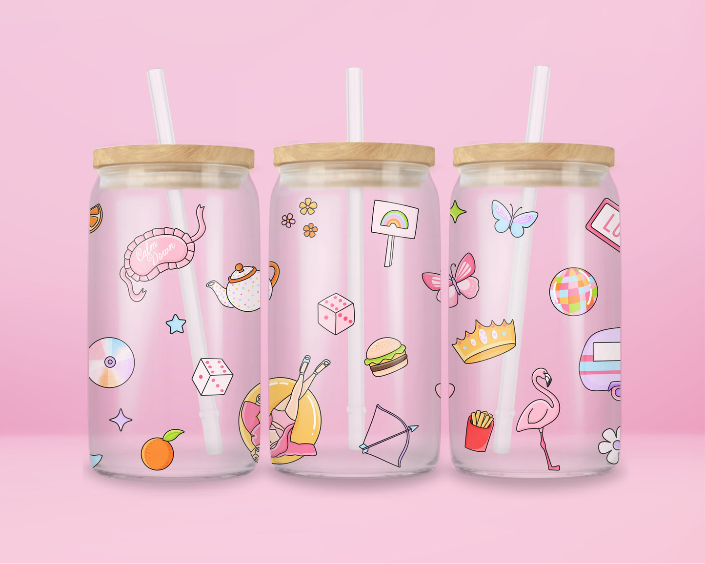 Glass can tumbler with bamboo lid and glass straw featuring pastel teapots, dice, flowers, lipstick, and a pool float girl illustration inspired by a colourful pop music video.