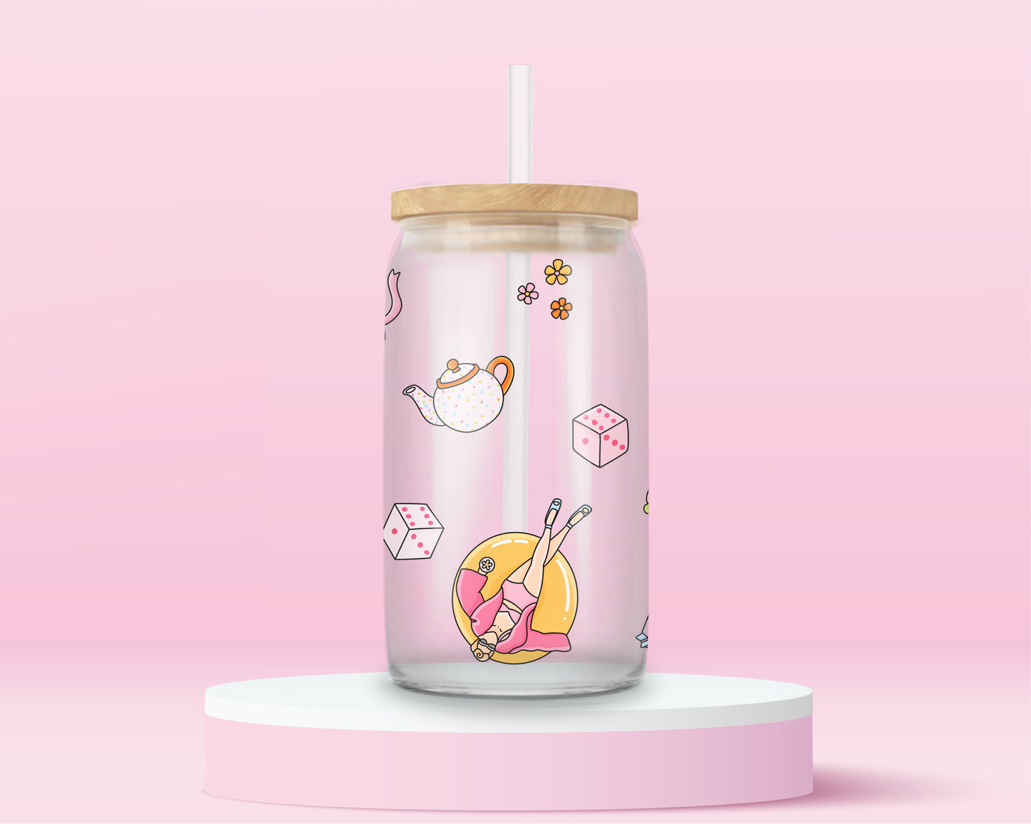 Glass can tumbler with bamboo lid and glass straw featuring pastel teapots, dice, flowers, lipstick, and a pool float girl illustration inspired by a colourful pop music video.