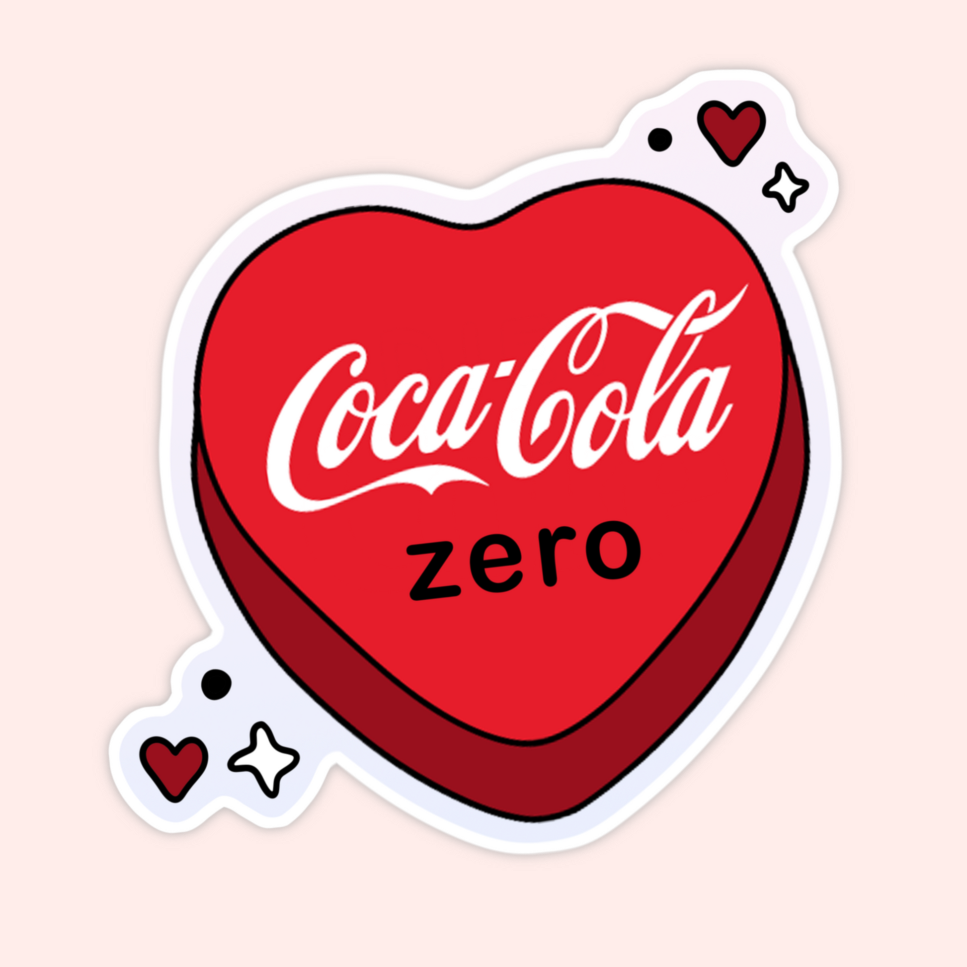 Red heart-shaped vinyl sticker inspired by zero sugar cola aesthetics with playful heart and sparkle details.