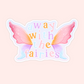 A die-cut sticker featuring pastel-colored fairy wings and the text 'away with the fairies' in soft multicolor lettering, shown on a pale pink background.