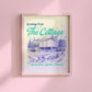 Heated Rivalry inspired art print featuring a modern cottage with trees and text saying greetings from the cottage in a vintage travel style