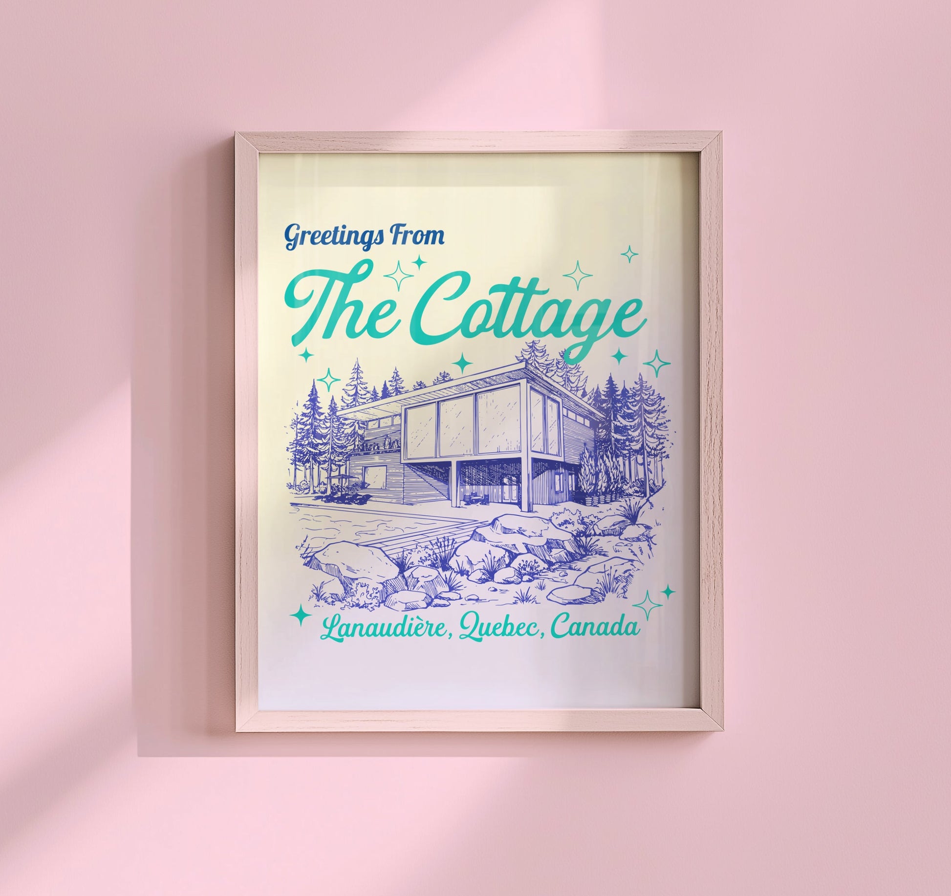 Heated Rivalry inspired art print featuring a modern cottage with trees and text saying greetings from the cottage in a vintage travel style
