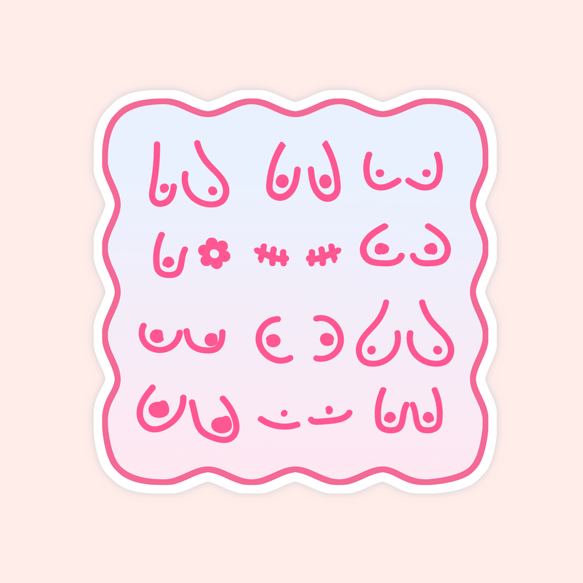 Pink body positive line art sticker featuring different breast shapes, mastectomy scars and a small flower detail