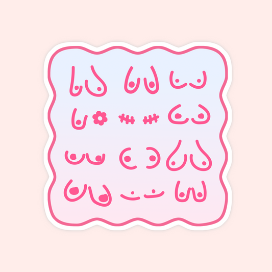 Pink body positive line art sticker featuring different breast shapes, mastectomy scars and a small flower detail