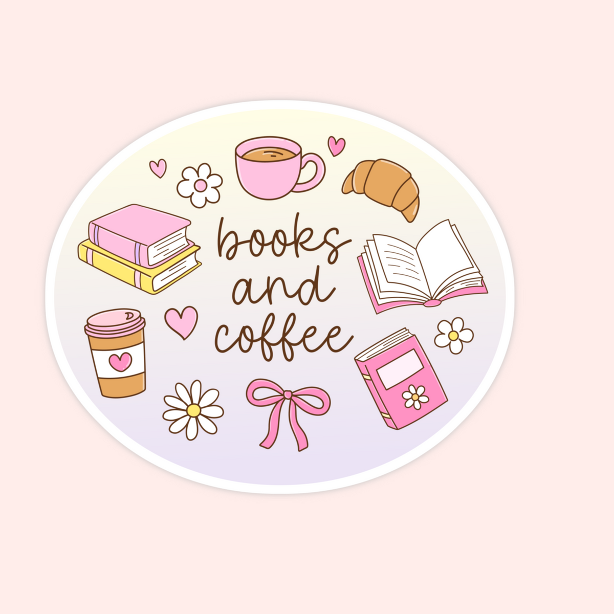 An oval sticker or decal featuring a cute 'books and coffee' illustration on a pale lavender background. The design includes cartoon books, a pink coffee cup, a croissant, daisies, hearts, and a pink ribbon, all outlined in brown.