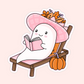 Cute ghost sticker featuring a little ghost reading a pink book while lounging on a chair with a pink hat, autumn leaves and a pumpkin.