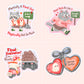 Cute illustrated horror sticker featuring funny final girl and Final Destination-inspired designs with pastel spooky characters
